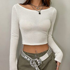 White Boat Neck Long Sleeve Waffle Texture Crop Top
